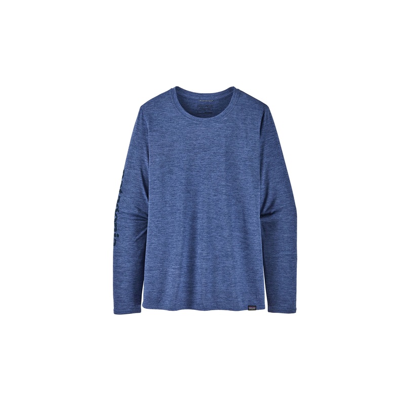 Patagonia Women’s Long-Sleeved Capilene Cool Daily Graphic Shirt Text Logo Current Blue X-Dye Large